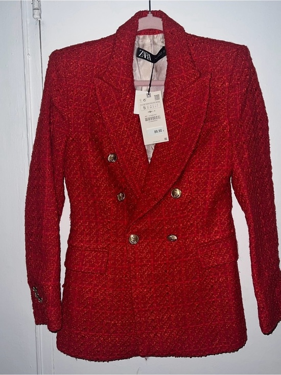 Zara Jackets & Blazers - ZARA Red Tweed Double-Breasted Blazer with Gold Buttons